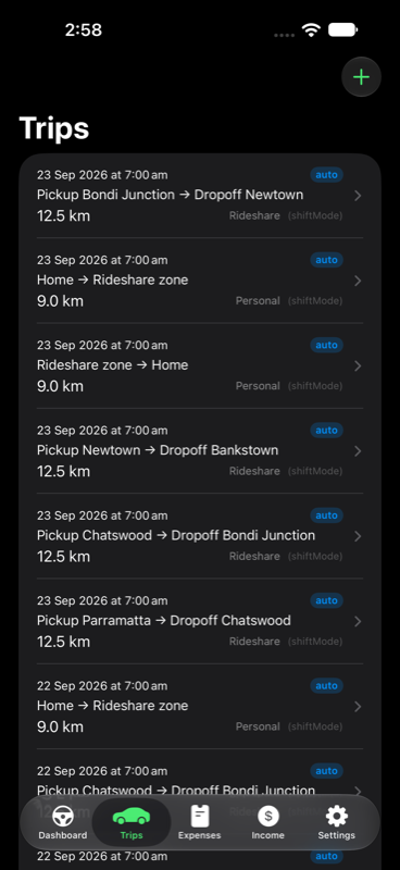 Trips list showing automatically classified business and personal trips with distances and odometer readings.