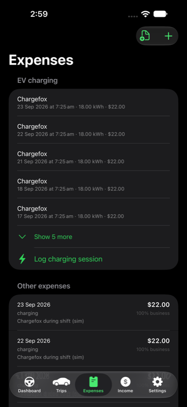 Expenses screen listing EV charging sessions with kWh delivered and cost per session.