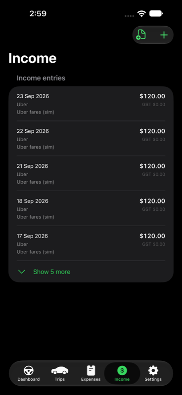 Income screen listing daily fares with GST broken out for each entry.